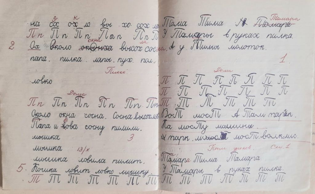 «Плохо». «3». «5». «1». «1». «После уроков»… «У Тамары в руках пилка. А у Тимы молоток». «Около окынха высох сос» (Около окна высохла сосна). Фото: Андрей Гребенкин, «Глобус» «Плохо». «3». «5». «1». «1». «После уроков»… «У Тамары в руках пилка. А у Тимы молоток». «Около окынха высох сос» (Около окна высохла сосна). Фото: Андрей Гребенкин, «Глобус»
