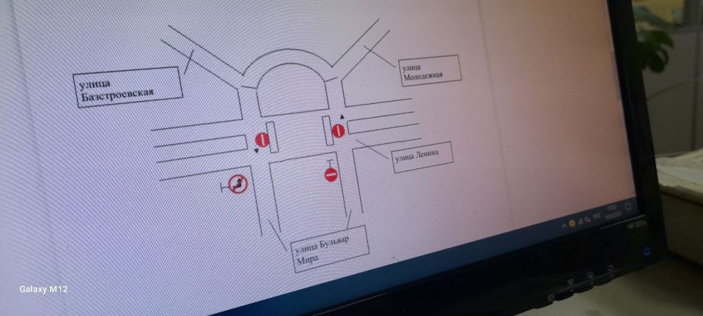 Схема дислокациивременных дорожных знаков по улице Ленина в районе центральной площади. Фото: Андрей Клеймёнов, «Вечерний Краснотурьинск»